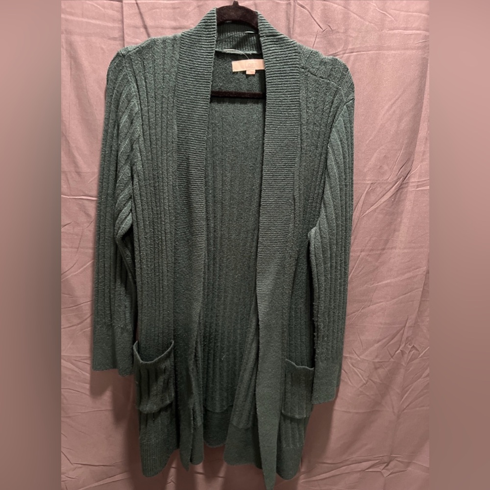 LOFT Ribbed Open Pocket Cardigan - Deep Spruce Green - Size L